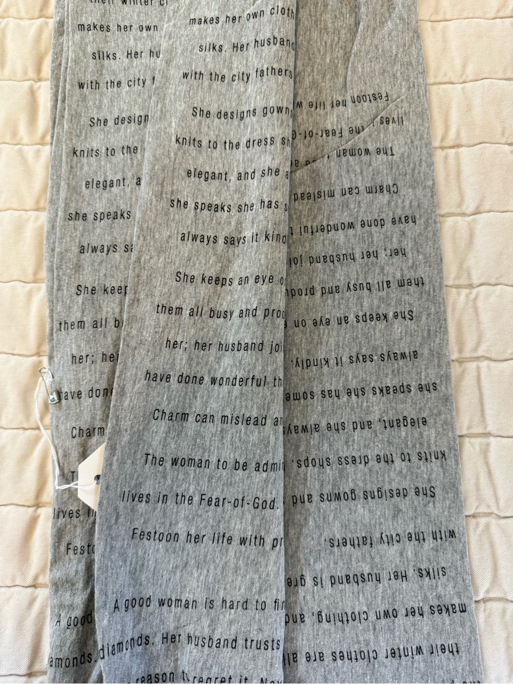 Women’s Handmade Light Gray Scripture Text-Print Infinity Scarf - Picture 5 of 9